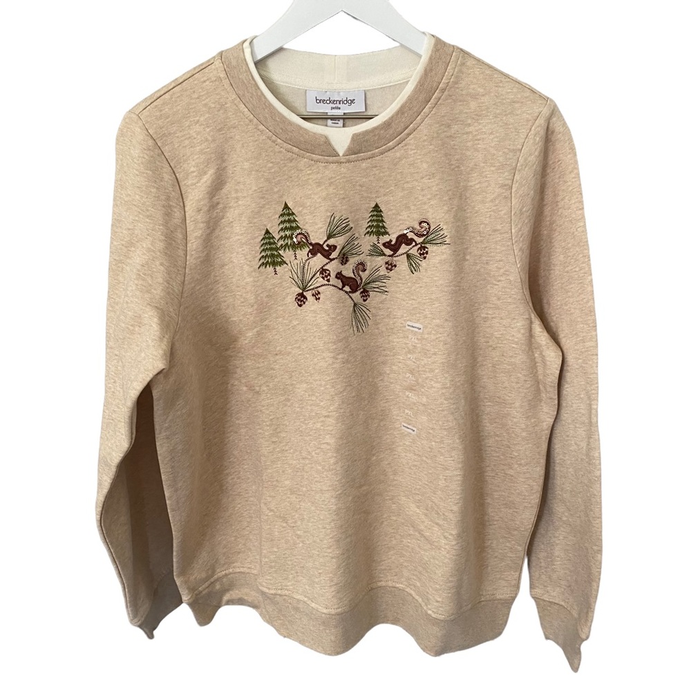 NWT Breckenridge Fleece Embroidered Pine Trees & Squirrel Pullover Sweater XL